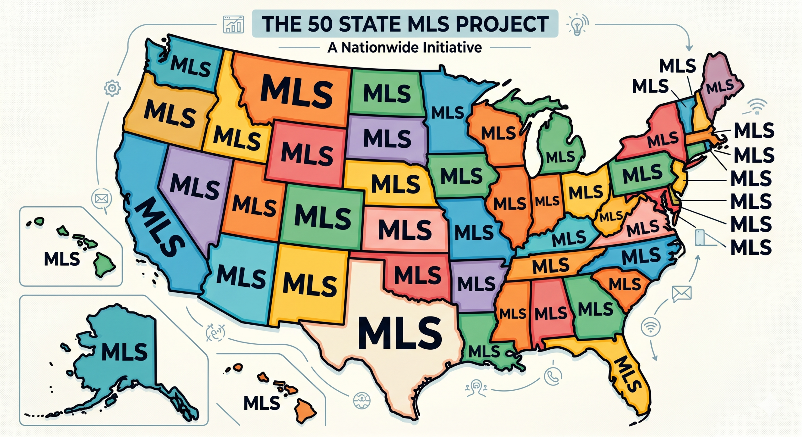 Colorful map of the United States with each state labeled MLS, illustrating the 50 State MLS Project