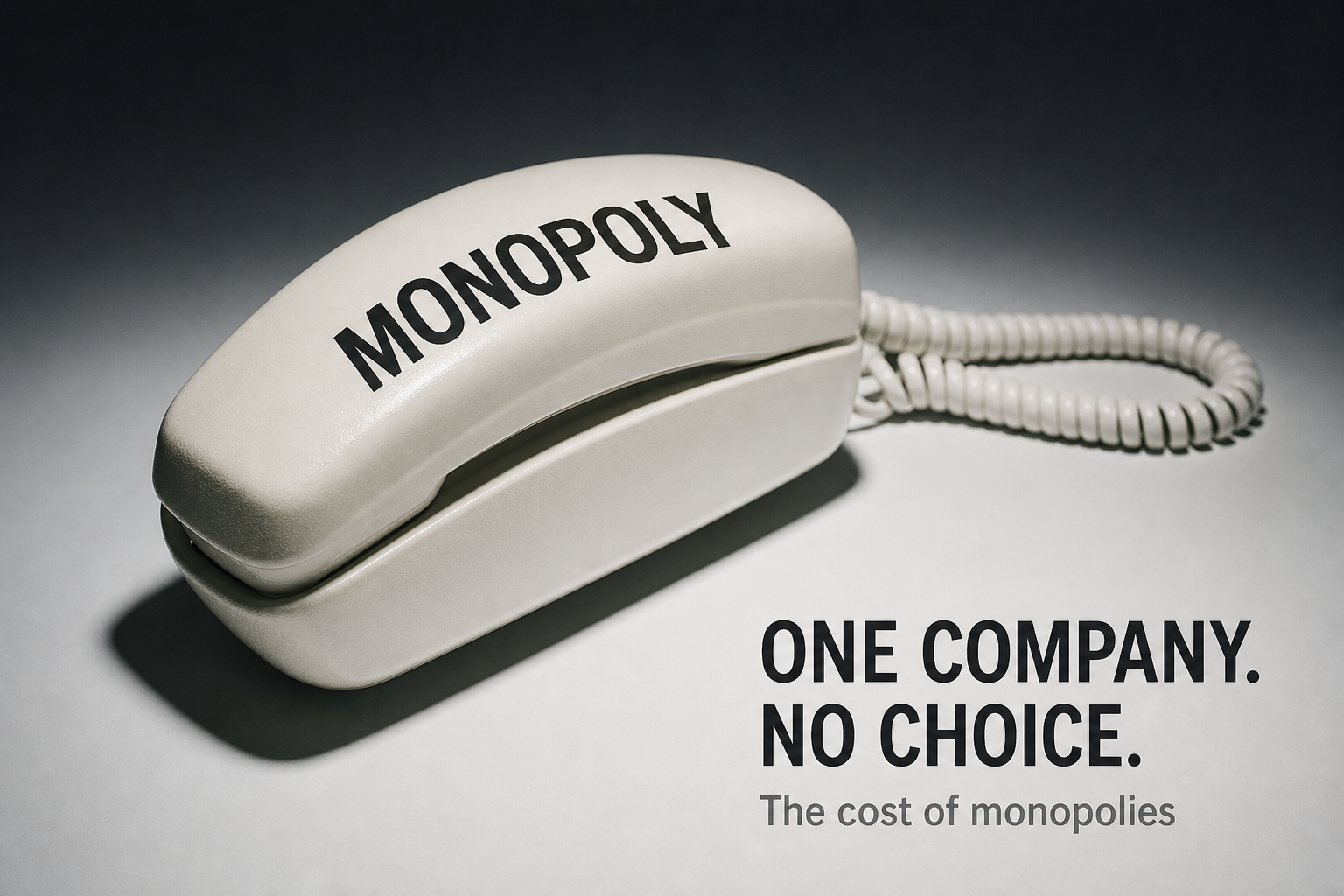 White telephone receiver with 'MONOPOLY' printed on the top, beside the bold slogan 'ONE COMPANY. NO CHOICE.' and the subtitle 'The cost of monopolies'.
